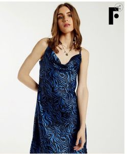 Animal Print Cowl-Neck A-Line Dress- blue