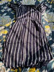Off Shoulder, Blue Striped party Dress Woman- S