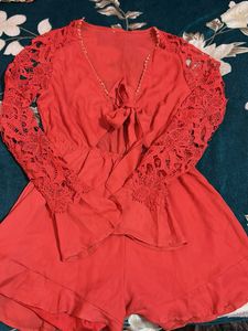 Coral Lace Sleeve Romper