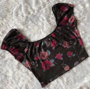 Urbanic Black Floral Printed Mesh Top