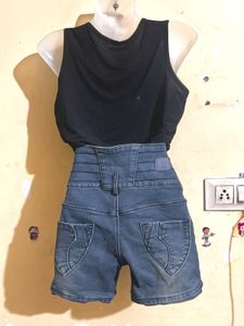 Black Top &amp; Denim Shorts Set