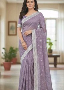 Lavender And White Laced Border Saree