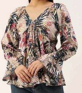 Floral Print Bell Sleeves Peplum Top.