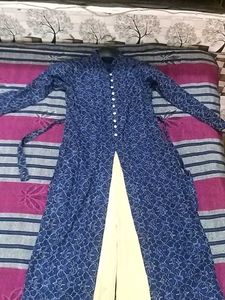Printed Blue Kurta With Golden Plazoo