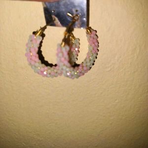 Pink &amp; White Beaded Hoop Earrings