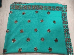 Teal &amp; Bronze Embellished Sari Fabric