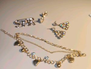 Gold set (Bracelet, bow earrings, stone