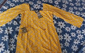 Long Sleeve Yellow Short Kurti With Freebies