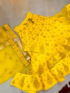Yellow Net Lehnga For Haldi Ready
