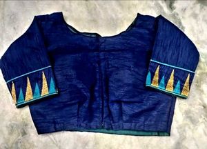 Blue Colour Silk Blouse Temple Border