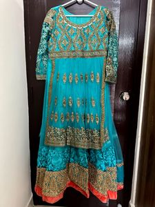 Teal &amp; Gold Embroidered Anarkali