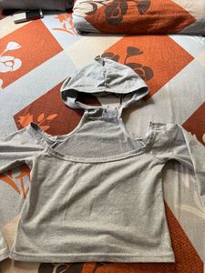 Gray Cold Shoulder Hoodie Top