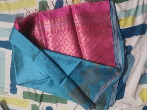 Pink &amp; Blue Saree And (Stitched Embroidery Blouse