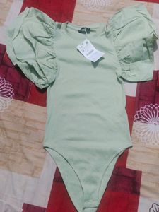 Zara Green Bodysuit With Ruffle Sleeves