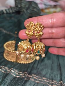 Antique Gold-Plated Hand Kada And Temple Earrings