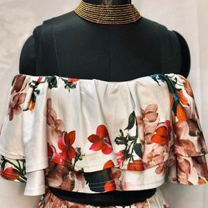 Floral Off Shoulder Cord Set With Pencil Skirt