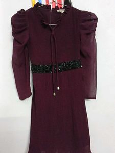 Burgundy Sheer Sleeve Mini Dress