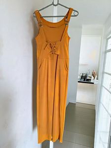 Mustard Jumpsuit with Lace-Up Detail