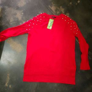 Red Sami Winter Top With Pearl Design
