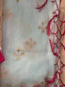 New With Blouse Elegant Blue &amp; Pink Saree