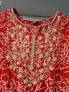 orange Printed embroidery Kurta