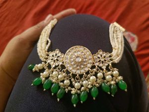 Ethnic Off White And Green Pearl Choker Set