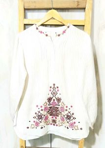 Embroidered White Tunic Top Size-40