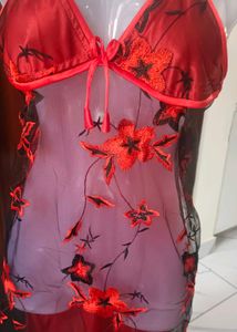 Red Floral slip night dress with satin rob
