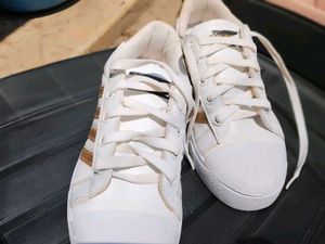 White & Gold Stripe Sneakers