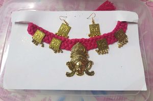 Pink Braided Durga Necklace Earring Set