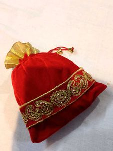 Red Velvet Embellished Drawstring Bag