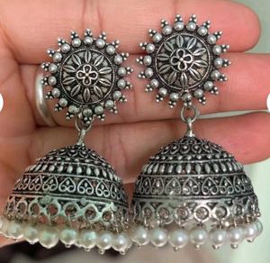 A Beautiful Oxidised White Moti Jumki Earings