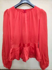 Orange Rust Peplum Blouse with Puff Sleeve