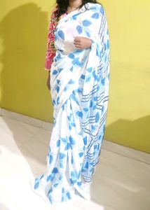 White & Blue Floral Saree
