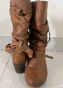 Brown Leather And Fur Heeled Boots
