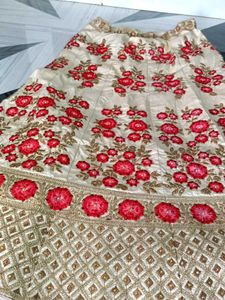Red &amp; Ivory Floral Embroidered Lehenga
