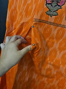 Aline Ikkat Kurti With Front Pockets N Applique