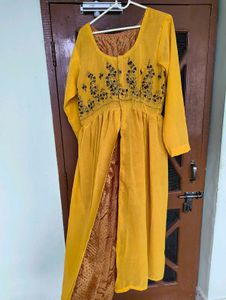 Yellow Embroidered Front Open Kurti