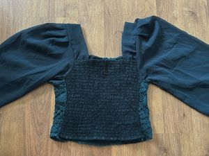 Crochet &amp; Chiffon Balloon Sleeve Top