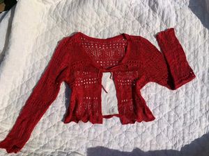 Red Cropped Knit Cardigan