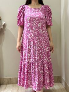 Pink Floral Puff Sleeve Maxi Dress