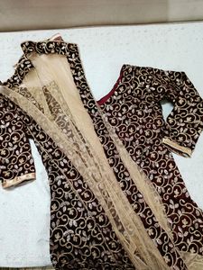 Maroon Velvet Suit With Sharara Party Wear