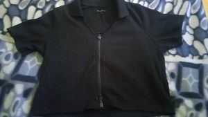 Black Zip-Up Ribbed Polo Top