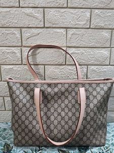 Authentic GUCCI GG Tote Bag Beige Pink Leather