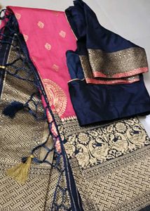Premium Banarasi Pink & Navy Saree