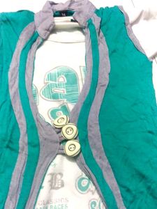 White T-Shirt with Sea Green Coatey – Elegant Look