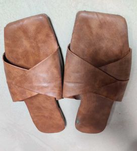 Brown Leather Look Slippers