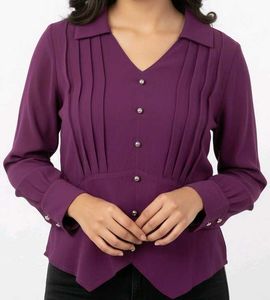 Elegant Plum Pleated V-Neck Blouse