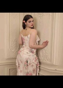 Cream Floral Vintage Ruffle Maxi Dress