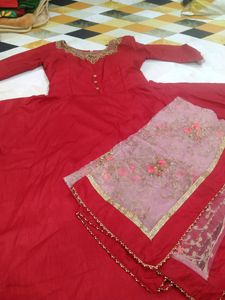 RED ANARKALI FLARED GOWN WITH EMBROIDERED DOPATTA